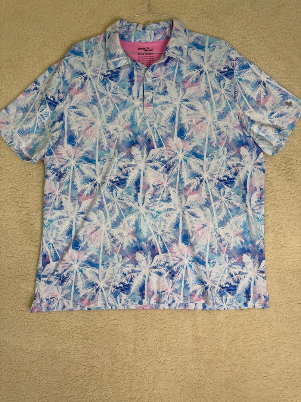 Birdie Bound Tropical Palm Polo Mens 2XL Pink Turquoise Golf Performance Stretch
